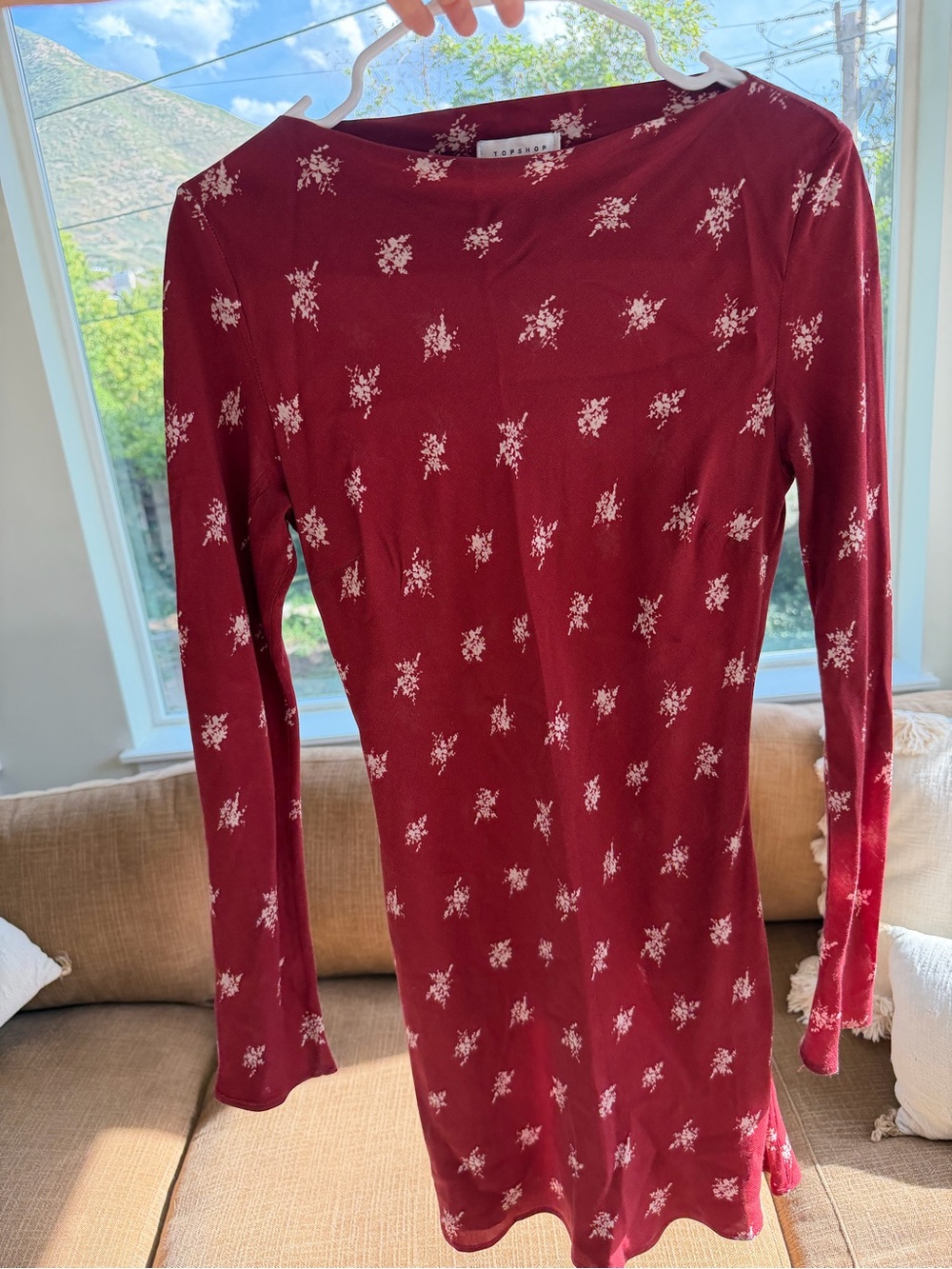 Topshop Burgundy Long-Sleeve Floral Print Tee